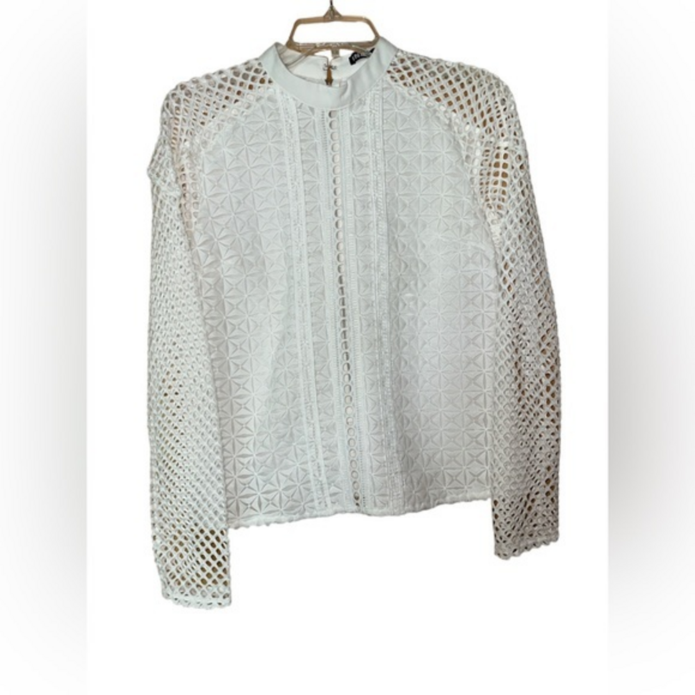 Ina Sheer‎ Cutout Blouse Long Sleeve Mock Neck Mesh Zip Back White Medium